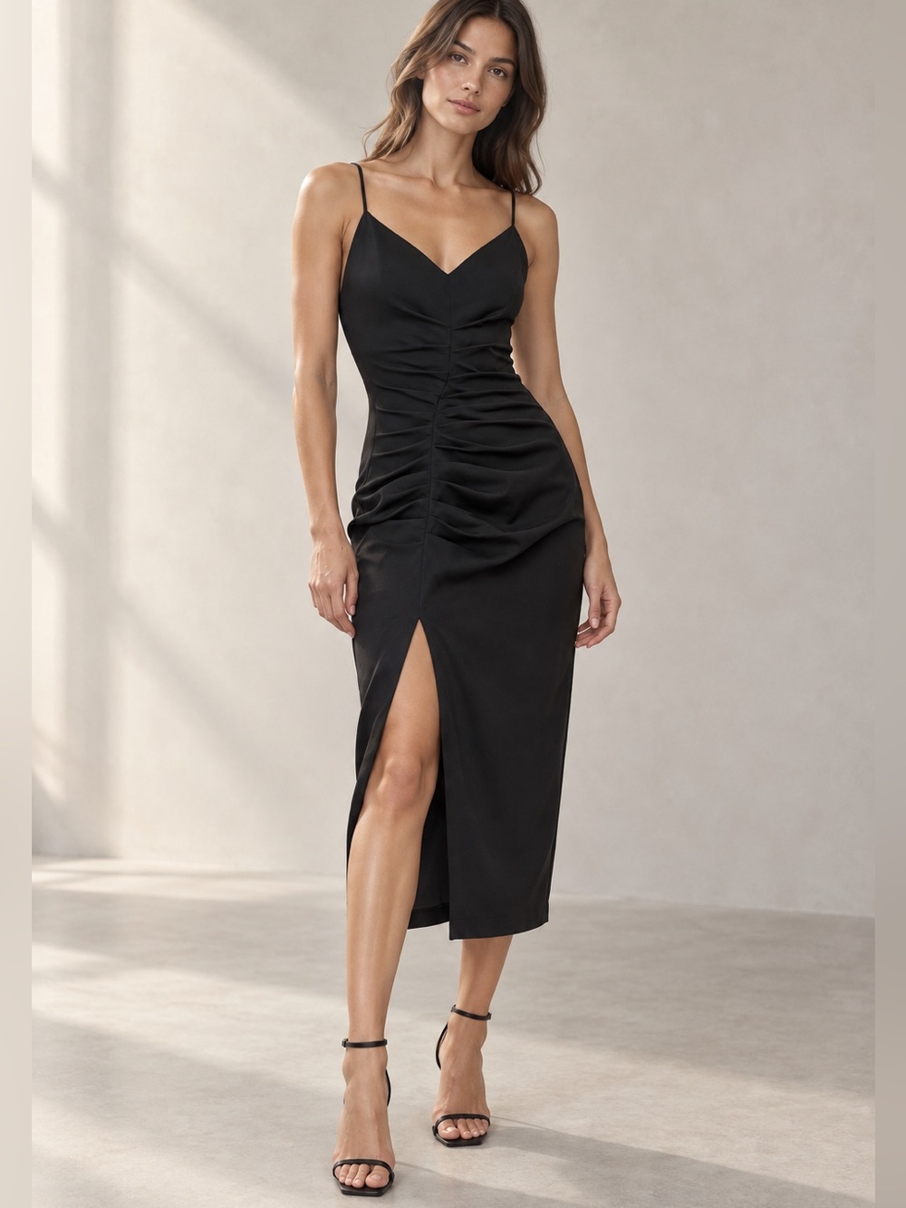 ZARA Black Draped Ruched Front Slit Midi Dress Size M